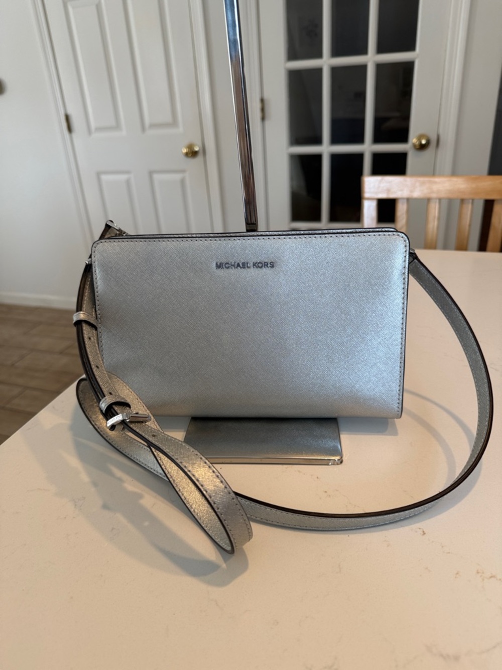 Michael Kors Metallic Silver Saffiano Crossbody Bag